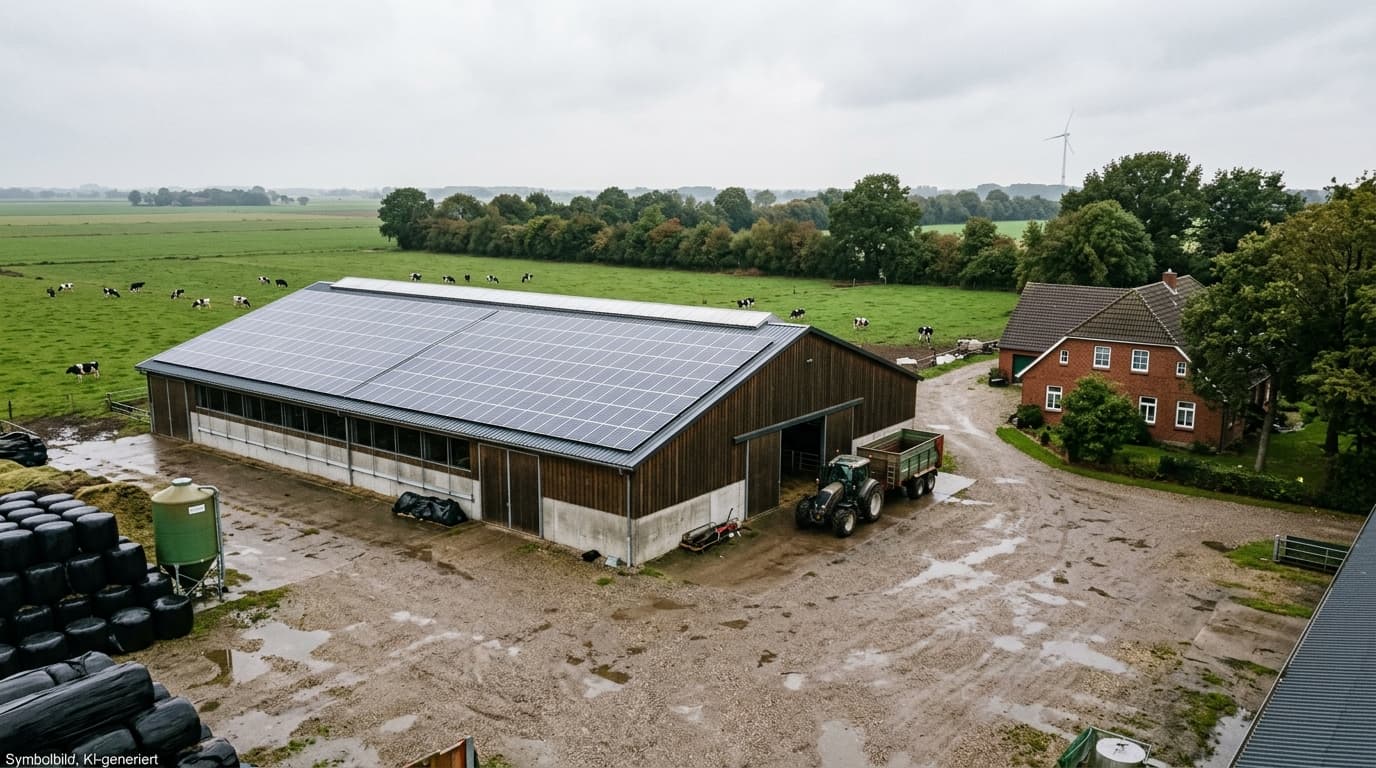Symbolbild, KI-generiert: landwirtschaftlicher Betrieb mit PV-Anlage auf dem Stalldach